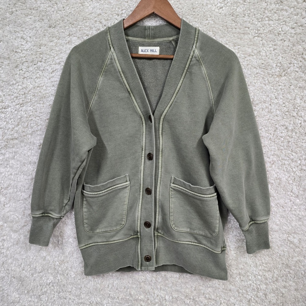 Alex Mill Fleece Cardigan Women Small Green Cotton Button Front Sweatshirt